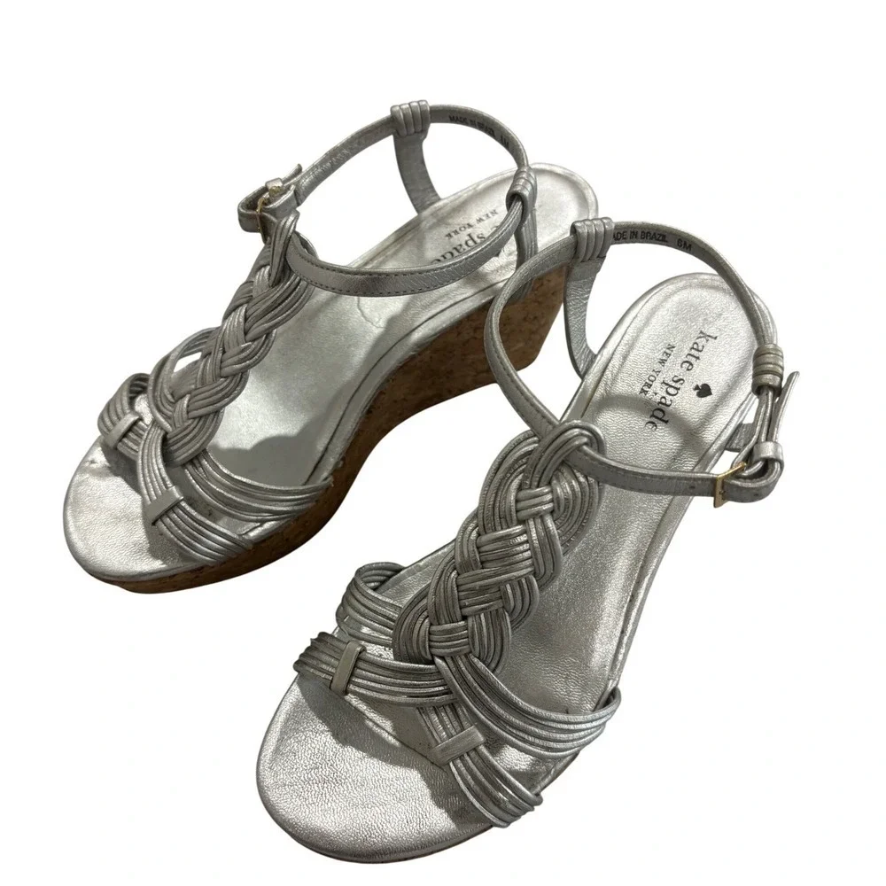 Kate Spade New York Silver Metallic‎ Braided Cork Wedge Sandals Size 6M Brazil